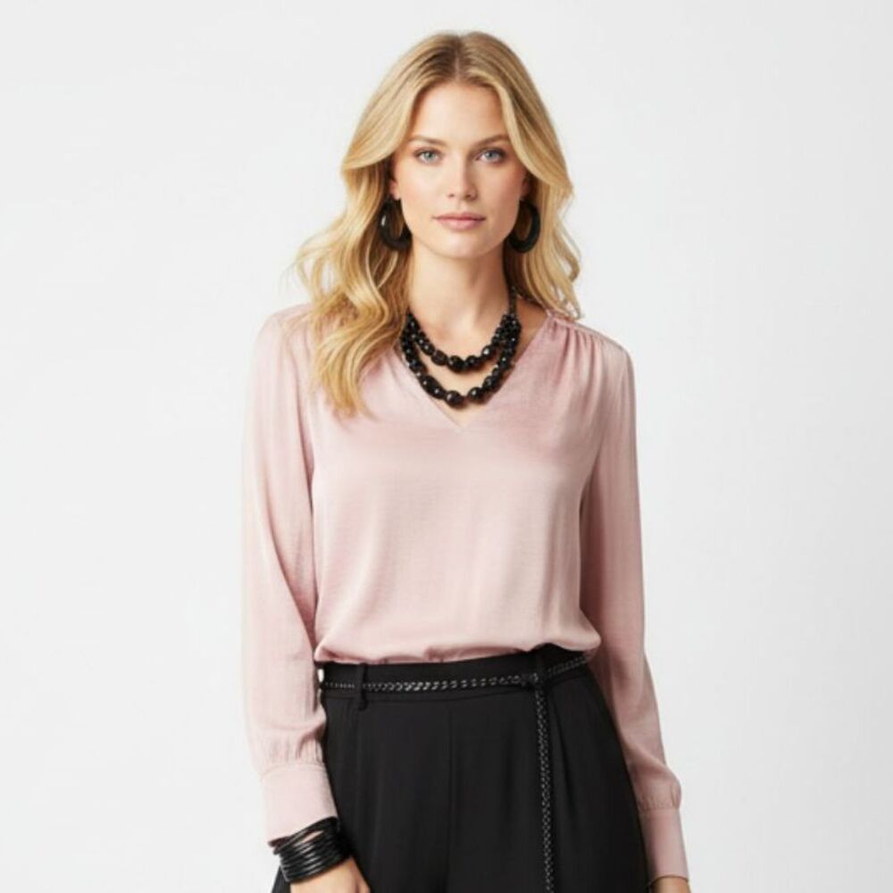Maison d’Amelie Rose Pink Long Sleeve V Neck Blouse Top NEW M